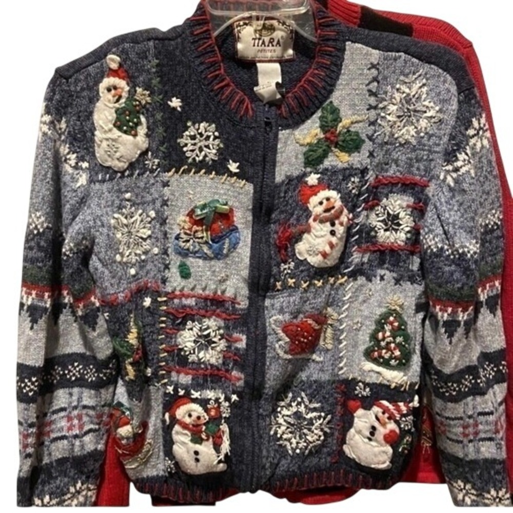 Vintage Tiara Sweater Womens Petite Medium Christmas Snowman Cardigan 2000s